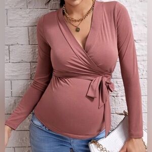 Size S Dusty Pink Long Sleeve Tie Front Super Stretchy Maternity Top NWOT